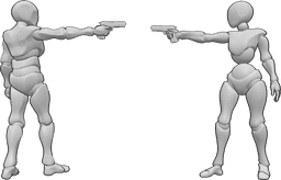 Referência de poses- Pose de pontaria da pistola - Uma mulher e um homem estão de pé e apontam as suas pistolas um para o outro