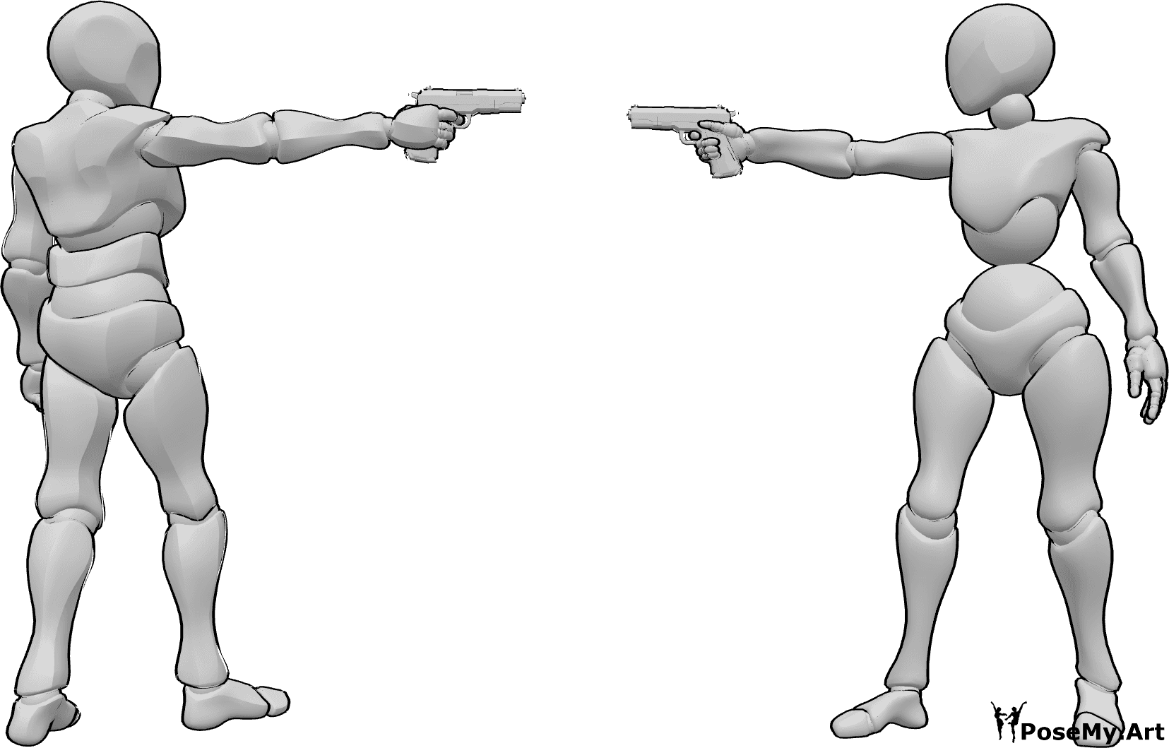 Référence des poses- Pose de visée au pistolet - Une femme et un homme se tiennent debout et pointent leurs pistolets l'un vers l'autre.
