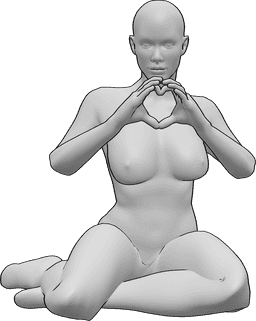 Référence des poses- Femme agenouillée, pose du cœur - La femme est agenouillée, assise sur ses genoux et fait un cœur avec ses mains.