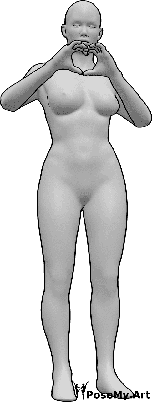 Posen-Referenz- Weibliche stehende Herz-Pose - Frau steht lässig da und macht ein Herz mit ihren Händen