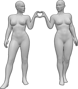 Referência de poses- Pose do coração feminina - Duas mulheres estão de pé e fazem um coração com as mãos