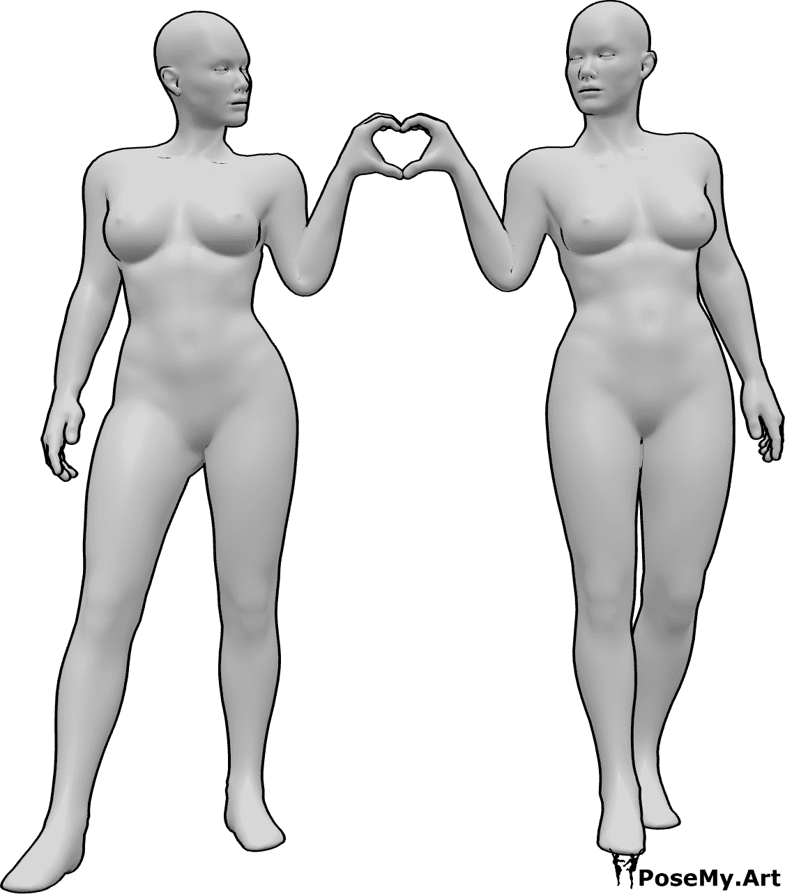 Referencia de poses- Postura de corazón femenina - Dos mujeres están de pie y hacen un corazón con sus manos