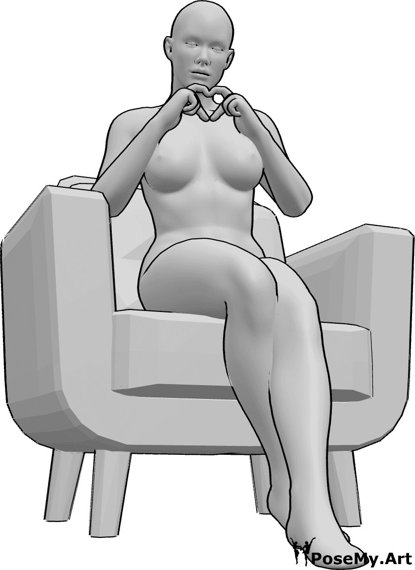 Référence des poses- Pose de la femme avec un doigt en forme de cœur - La femme est assise dans le fauteuil et fait un cœur avec ses doigts.