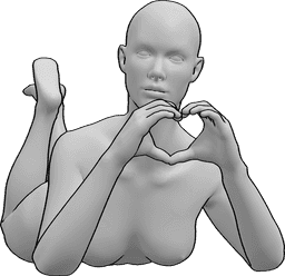 Posen-Referenz- Niedliche liegende Herz-Pose - Die Frau liegt auf dem Bauch und formt mit ihren Händen ein Herz