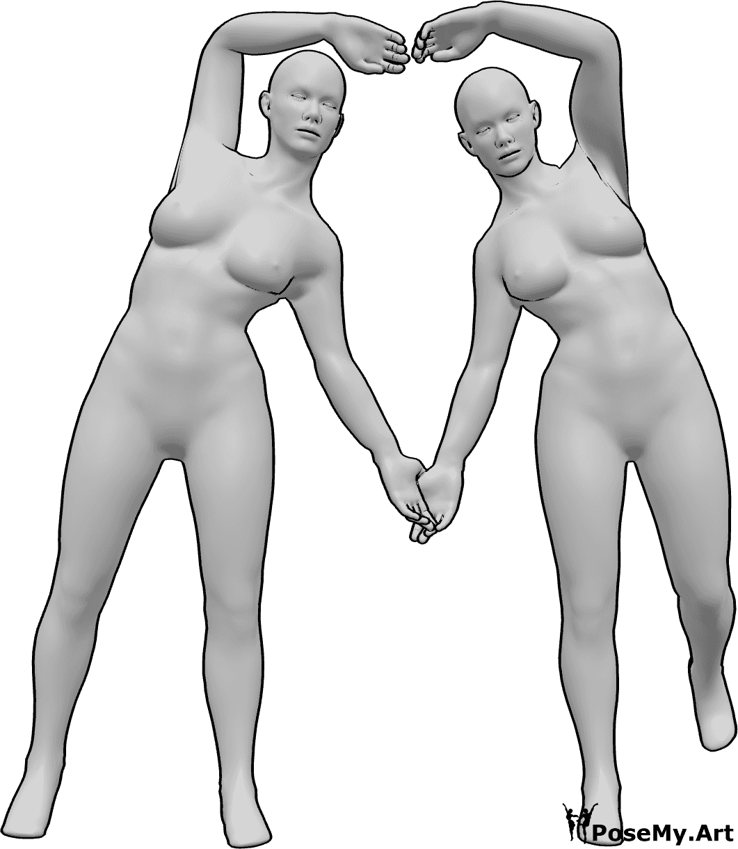 Referencia de poses- Postura de corazón femenina - Dos mujeres están de pie y hacen un corazón con sus brazos