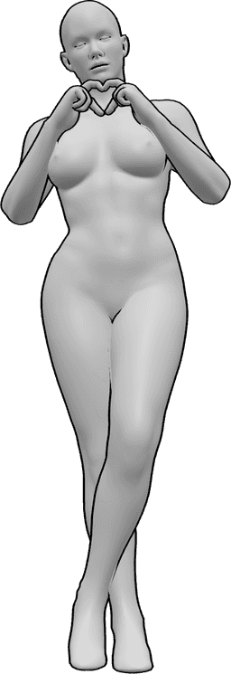 Posen-Referenz- Finger Herz Pose machen - Die Frau steht mit gekreuzten Beinen und formt ein Herz mit ihren Fingern