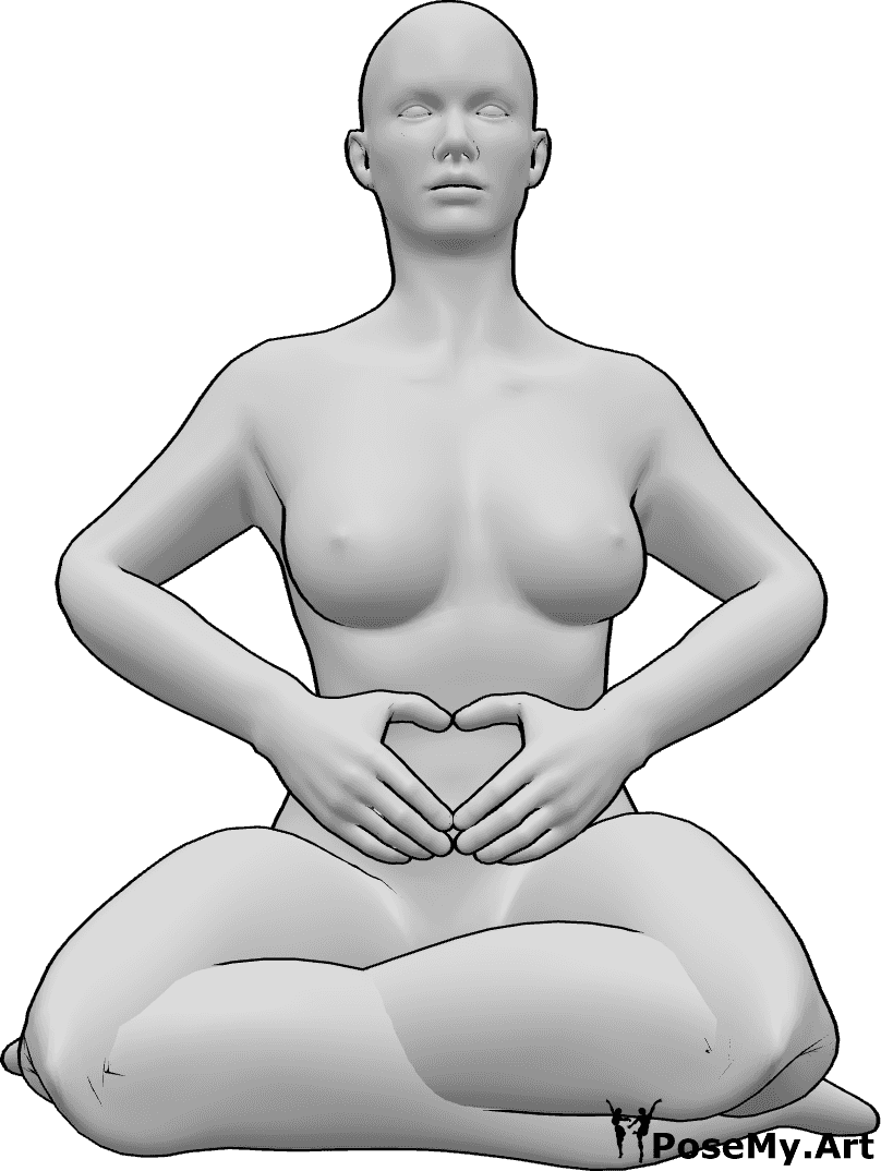 Referencia de poses- Mujer sentada postura del corazón - Mujer sentada de rodillas haciendo un corazón con las manos.