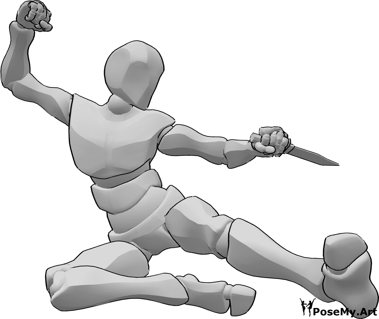 Referência de poses- Pose de ataque com pontapé lateral - Homem está a atacar, saltando alto e dando pontapés laterais, segurando um punhal
