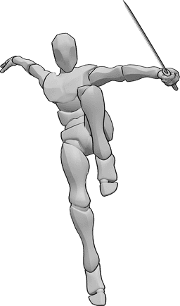 Riferimento alle pose- Posa di attacco ninja - L'uomo sta per attaccare, impugnando una katana e saltando in alto