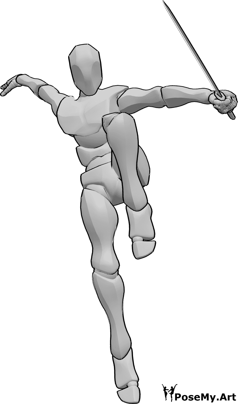 Posen-Referenz- Ninja-Angriffspose - Das Männchen will angreifen, hält ein Katana und springt hoch