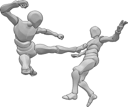 Referência de poses- Pose de ataque masculina - O homem ataca o outro homem com um pontapé lateral, que cai para trás