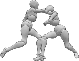 Riferimento alle pose- Posa d'attacco femminile - Donna attacca l'altra donna con un colpo di gomito, riferimento alla posa di attacco femminile