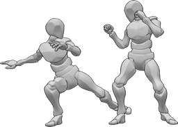 Referência de poses- Homem em pose de ataque com pontapés - Homem ataca o outro homem, pontapeando a sua perna direita, referência de pose de ataque masculino