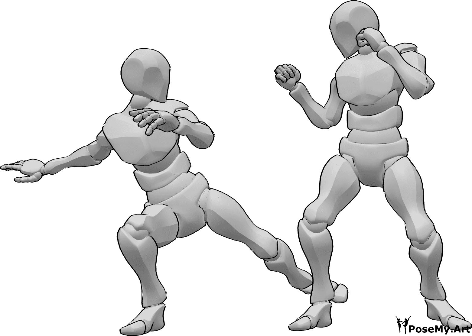 Riferimento alle pose- Posa d'attacco maschile con calci - Maschio attacca l'altro maschio, calciando la gamba destra, riferimento alla posa di attacco maschile