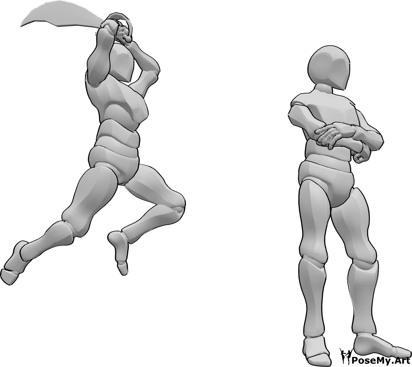 Referencia de poses- Postura de ataque con espada - El macho ataca al otro macho por detrás, salta para golpear con su espada