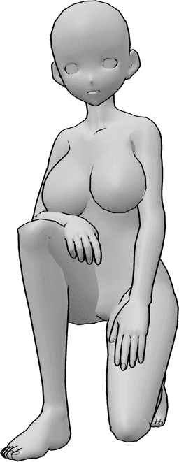 Referência de poses- Pose de agachamento ajoelhado de anime - A mulher anime está agachada, meio ajoelhada e a olhar para a frente, com as mãos nas coxas
