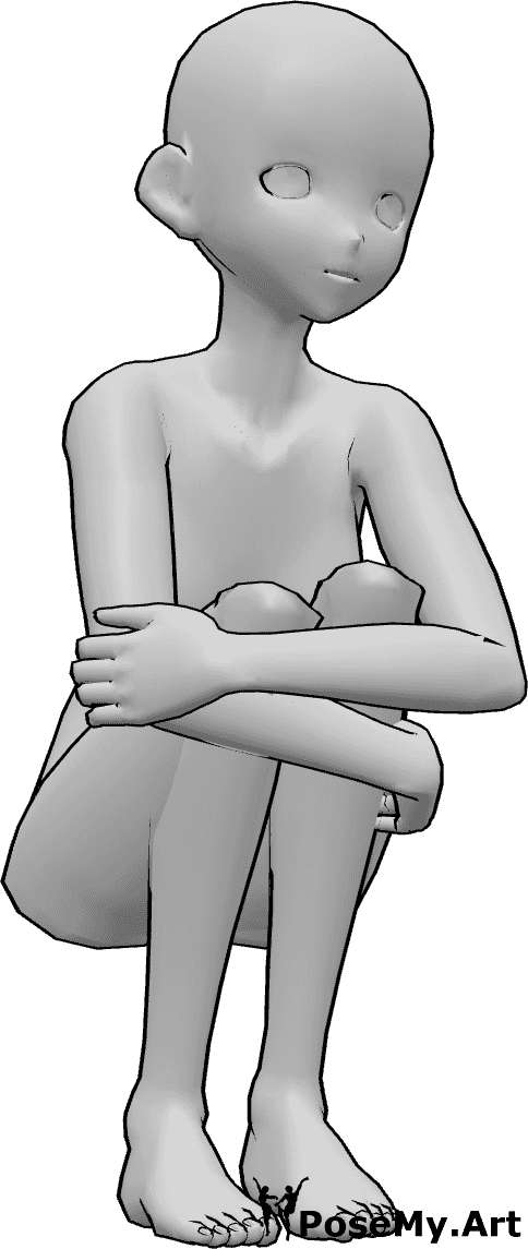 Posen-Referenz- Hockende Umarmung Knie Pose - Anime-Frau hockt und umarmt ihre Knie mit den Händen
