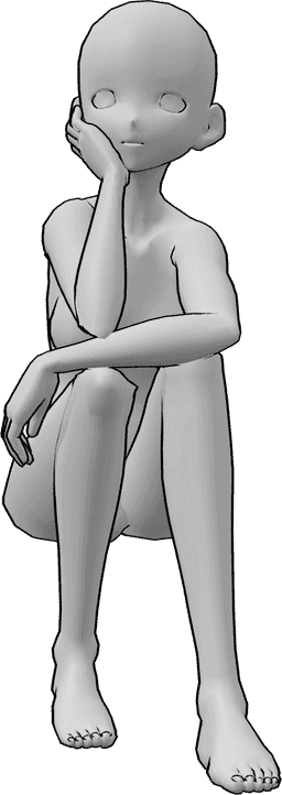 Posen-Referenz- Anime weibliche hockende Pose - Anime-Frau hockt und stützt ihre Hände auf die Knie