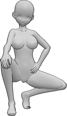 Referencia de poses- Postura en cuclillas con las manos - Mujer anime en cuclillas, con la mano derecha en la rodilla y la izquierda en la cadera.