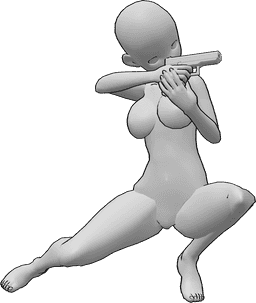 Riferimento alle pose- Donna accovacciata in posizione di mira - Una donna antropomorfa è accovacciata e punta la pistola con entrambe le mani.