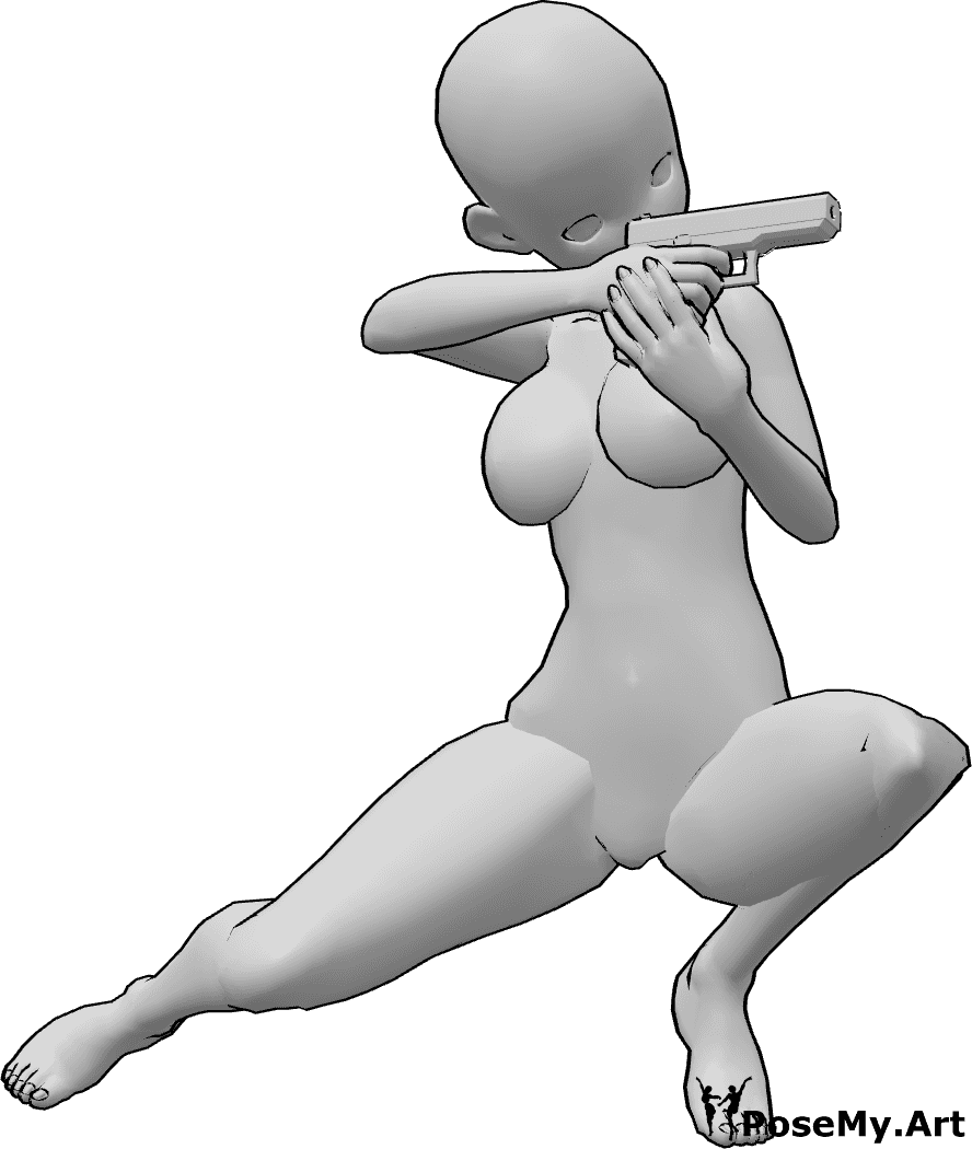 Referência de poses- Mulher agachada a fazer pose de pontaria - A mulher anime está agachada e aponta a sua arma com as duas mãos