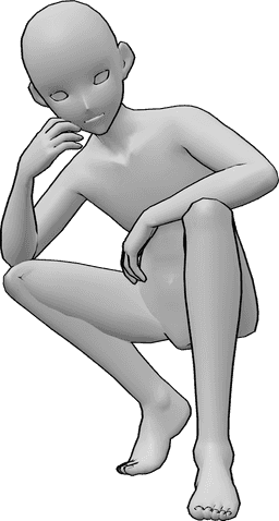 Référence des poses- Homme d'animation en train de s'accroupir - L'homme blanc est accroupi, les mains posées sur les genoux.