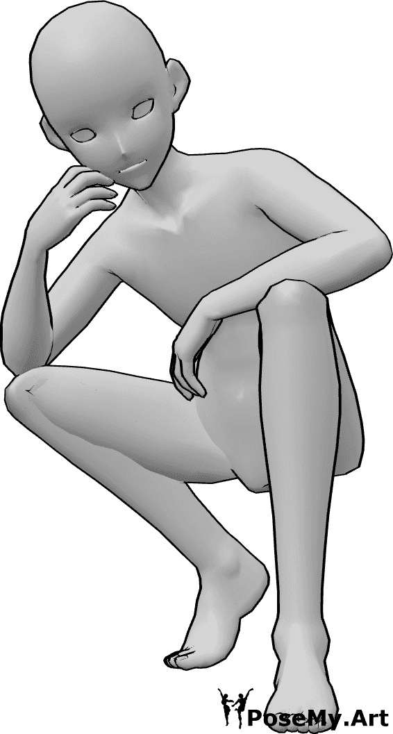 Référence des poses- Homme d'animation en train de s'accroupir - L'homme blanc est accroupi, les mains posées sur les genoux.