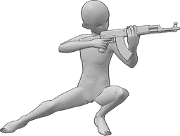 Posen-Referenz- Männliche hockende Zielpose - Anime-Mann hockt und zielt mit beiden Händen auf seine Waffe