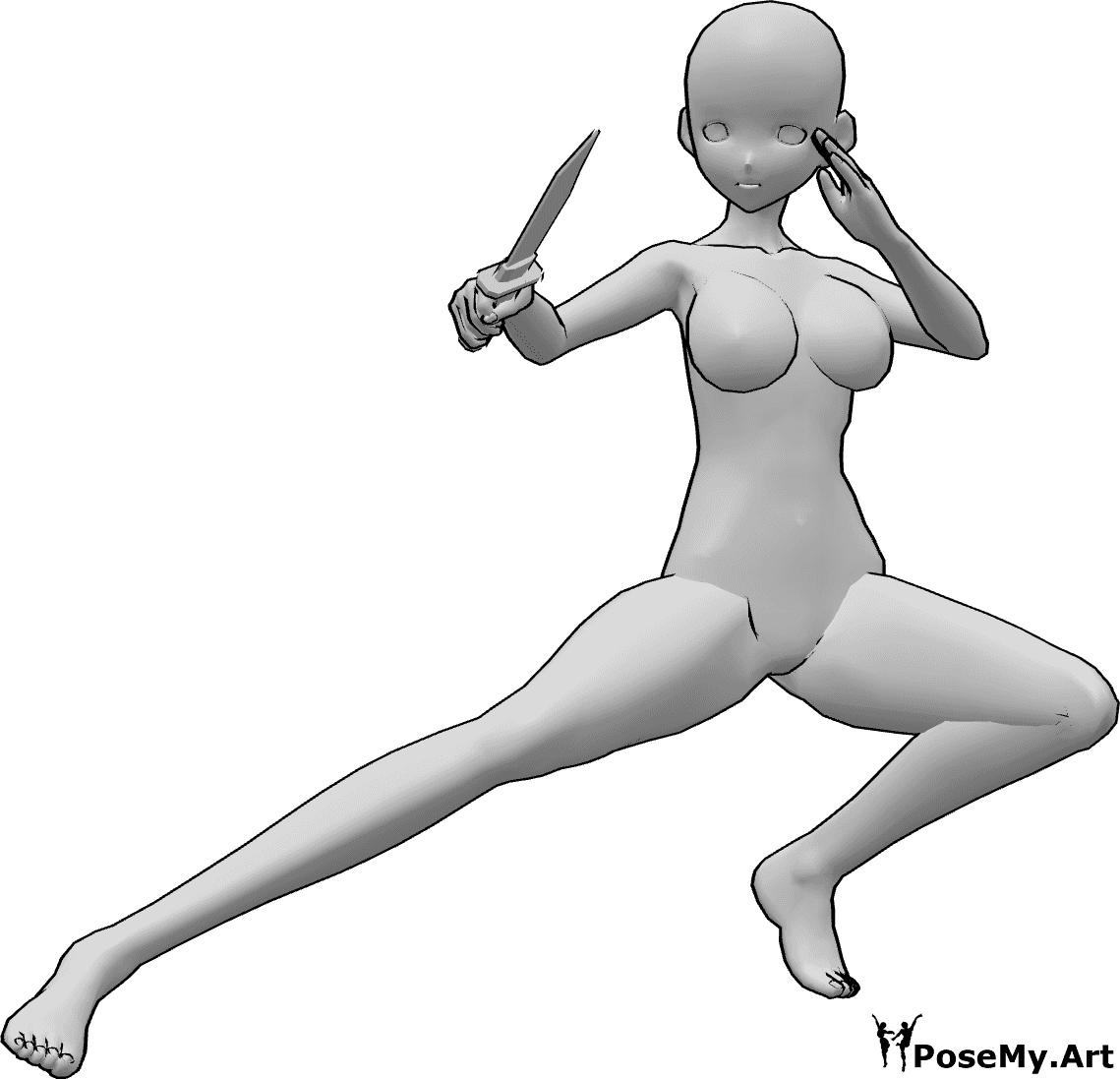Referência de poses- Pose de faca agachada de anime - A mulher anime está agachada e segura uma faca na mão direita