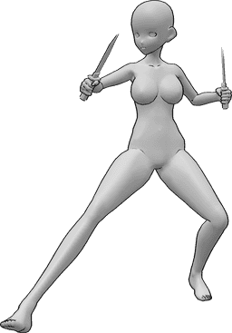 Referência de poses- Pose de facas de pé de anime - A mulher anime está de pé e segura facas com as duas mãos, olhando para a direita