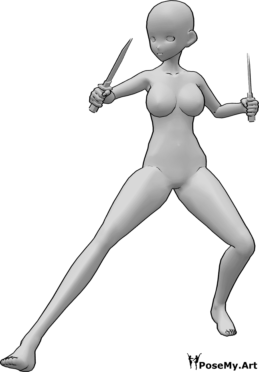 Referência de poses- Pose de facas de pé de anime - A mulher anime está de pé e segura facas com as duas mãos, olhando para a direita