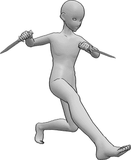 Riferimento alle pose- Posa del coltello da atterraggio in stile anime - Un maschio anonimo sta atterrando, tiene in mano dei coltelli e guarda a sinistra