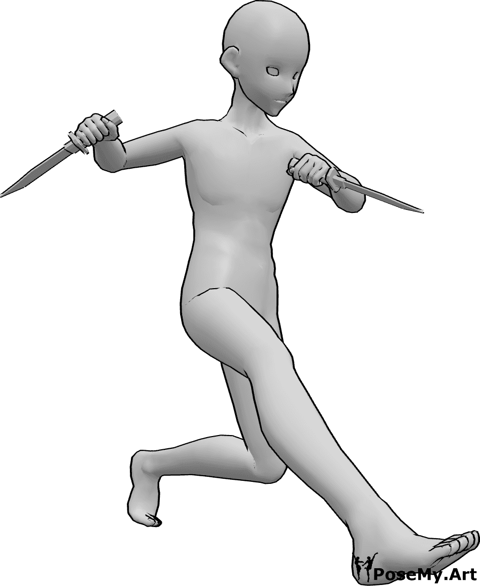 Referencia de poses- Anime aterrizaje cuchillo pose - Hombre anime está aterrizando, sosteniendo cuchillos y mirando a la izquierda