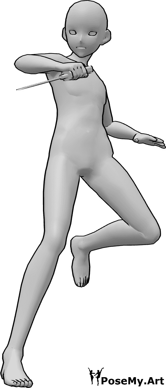 Referência de poses- Pose de faca de salto de anime - Um homem de anime está a saltar, segurando uma faca na mão direita