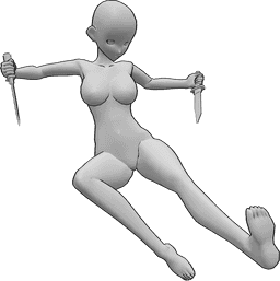 Pose Reference- Anime kicking knife pose - Anime female is jumping, kicking while holding knives in both hands