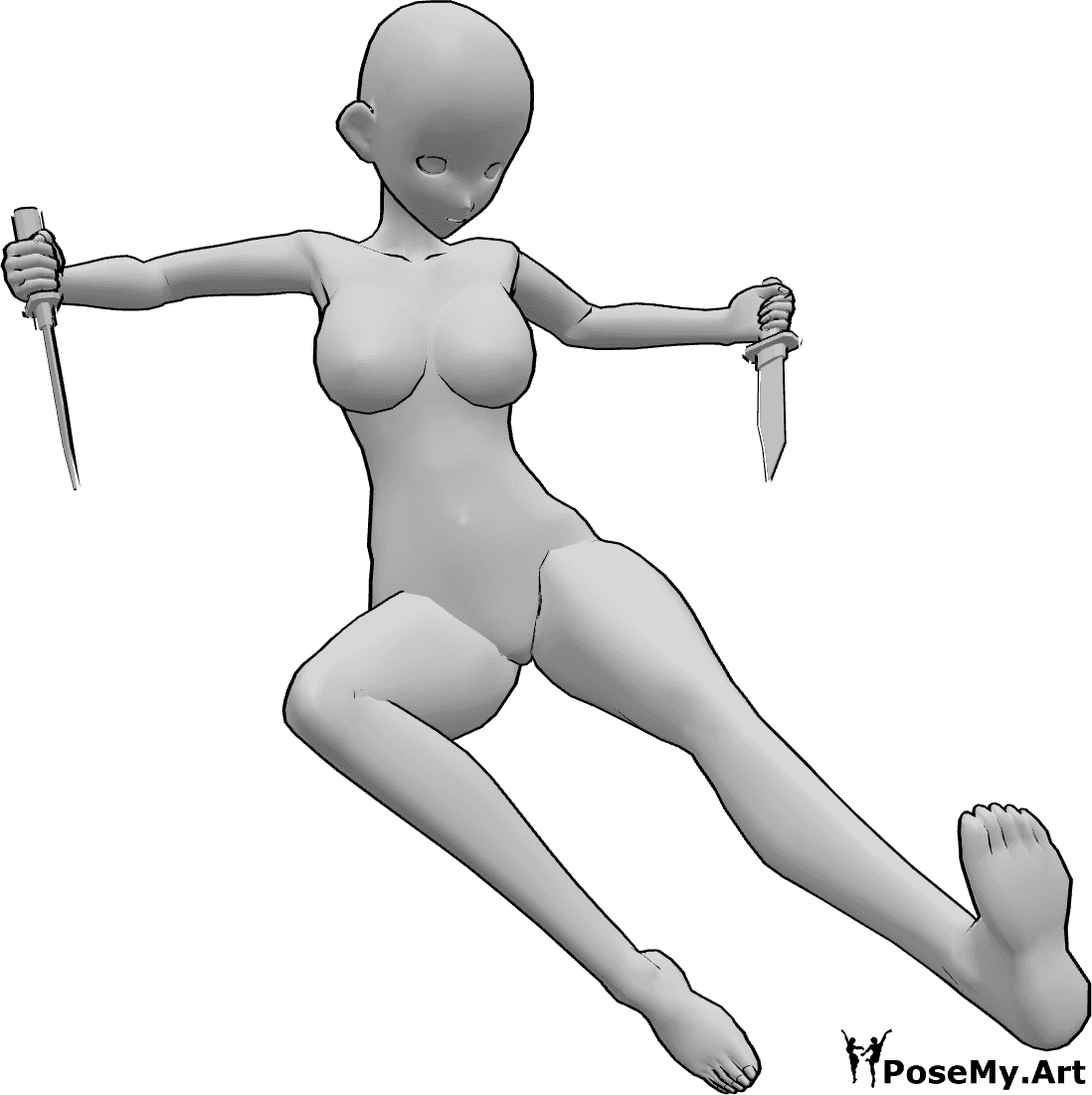 Référence des poses- Anime kick kick knife pose - Une femme animée saute et donne des coups de pied tout en tenant des couteaux dans ses deux mains.