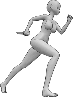 Referência de poses- Pose de faca de corrida de anime - Uma mulher anime está a correr, segurando uma faca na mão direita