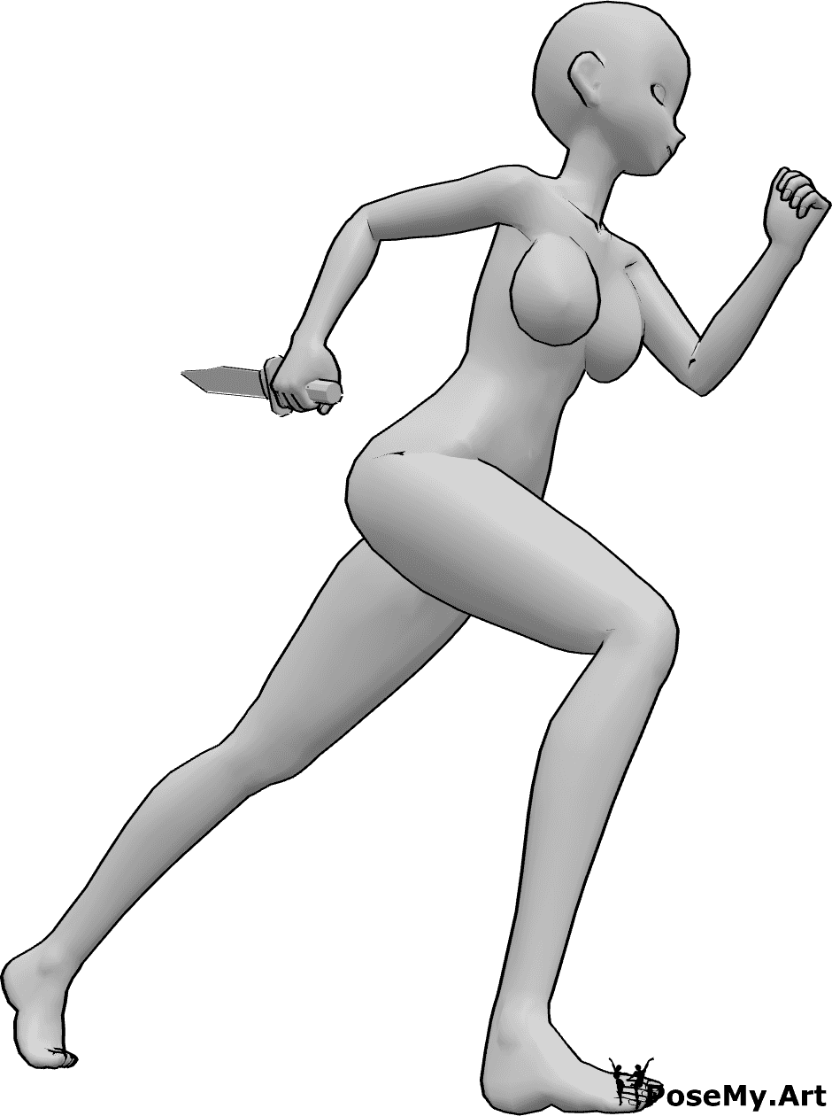 Referência de poses- Pose de faca de corrida de anime - Uma mulher anime está a correr, segurando uma faca na mão direita