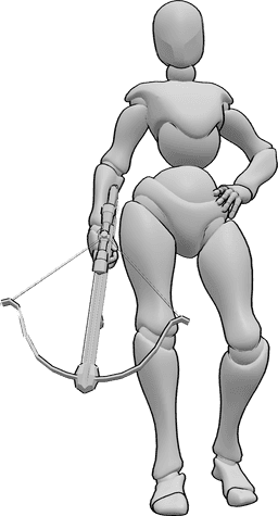 Posen-Referenz- Weibliche Armbrust stehende Pose - Die Frau steht mit der linken Hand auf der Hüfte und hält einen Bogen in der rechten Hand.