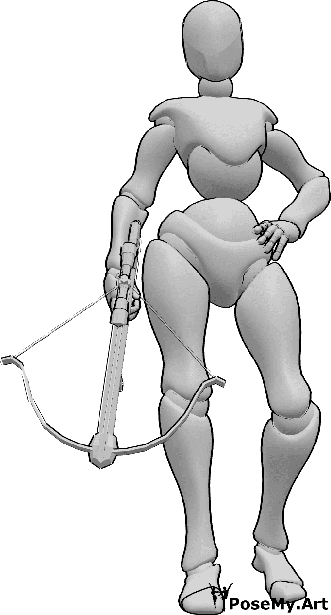 Pose Reference- Female crossbow standing pose - Female is standing with her left hand on her hip, holding a crowwbow in her right hand