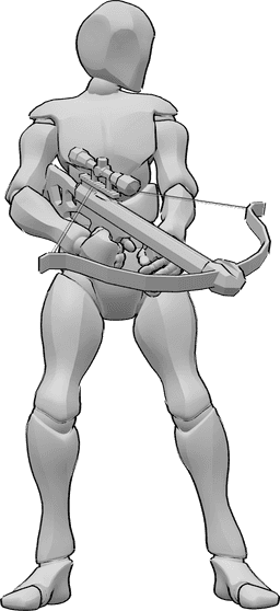 Pose Reference- Male holding crossbow pose - Male is standing, holding a crossbow with both hands and looking to the left