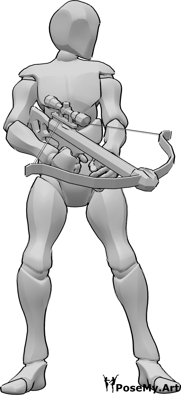 Pose Reference- Male holding crossbow pose - Male is standing, holding a crossbow with both hands and looking to the left
