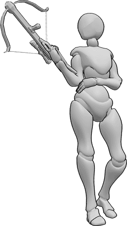 Pose Reference- Female holding crossbow pose - Female is standing, holding a crossbow in her right hand and looking to the right