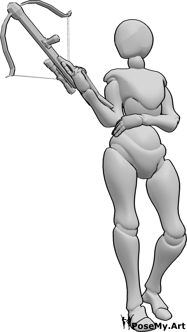 Pose Reference- Female holding crossbow pose - Female is standing, holding a crossbow in her right hand and looking to the right