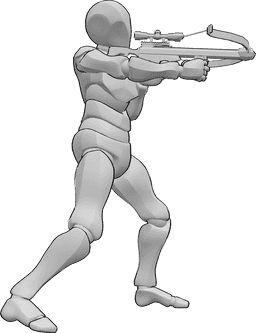 Referencia de poses- Postura masculina apuntando con la ballesta - Hombre de pie, sujetando la ballesta con ambas manos y apuntando