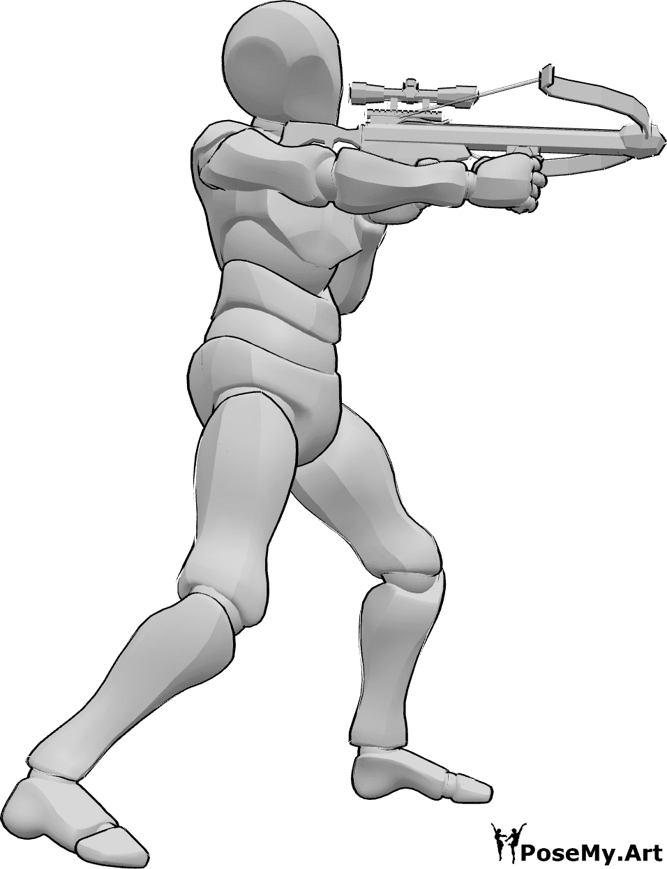 Référence des poses- Homme en train de viser à l'arbalète - L'homme est debout, tient l'arbalète à deux mains et vise.