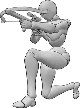 Posen-Referenz- Armbrust, kniend, zielend, Pose - Die Frau kniet, hält die Armbrust mit beiden Händen und zielt