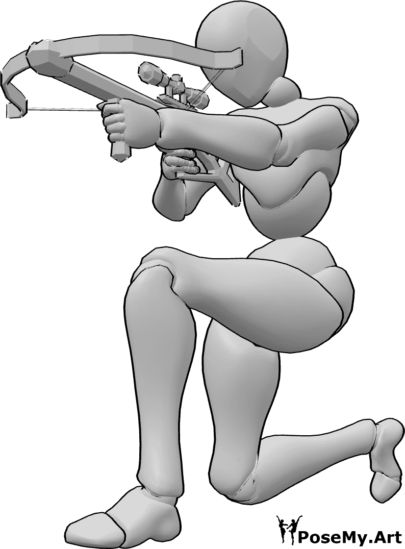 Riferimento alle pose- Balestra in ginocchio in posa di puntamento - La donna è inginocchiata, tiene la balestra con entrambe le mani e sta mirando.