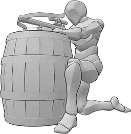Referência de poses- Pose de pontaria do cano da besta - Homem ajoelha-se e aponta a sua besta enquanto se apoia num barril