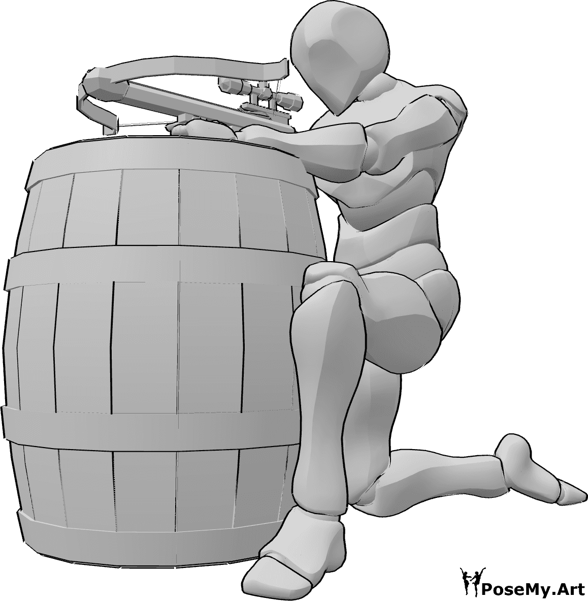 Riferimento alle pose- Posa di puntamento della canna della balestra - Uomo inginocchiato e intento a puntare la balestra mentre si appoggia a una botte